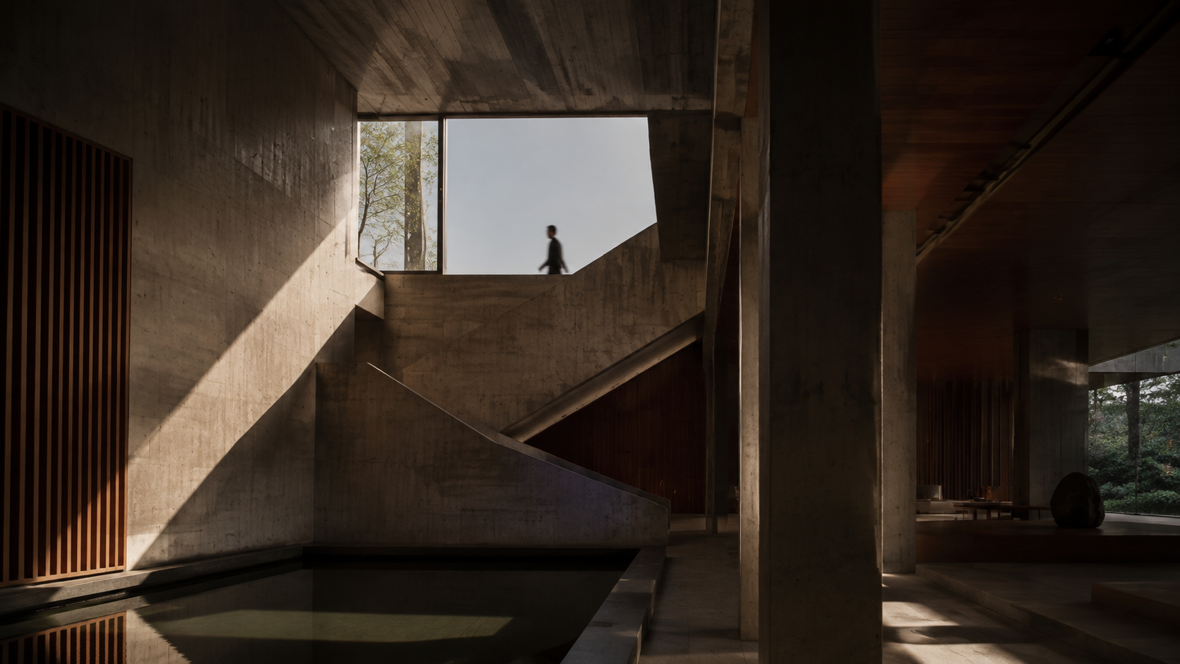 Composição editorial: arquitetura modernista, luz natural e uma pessoa distante em uma escadaria.